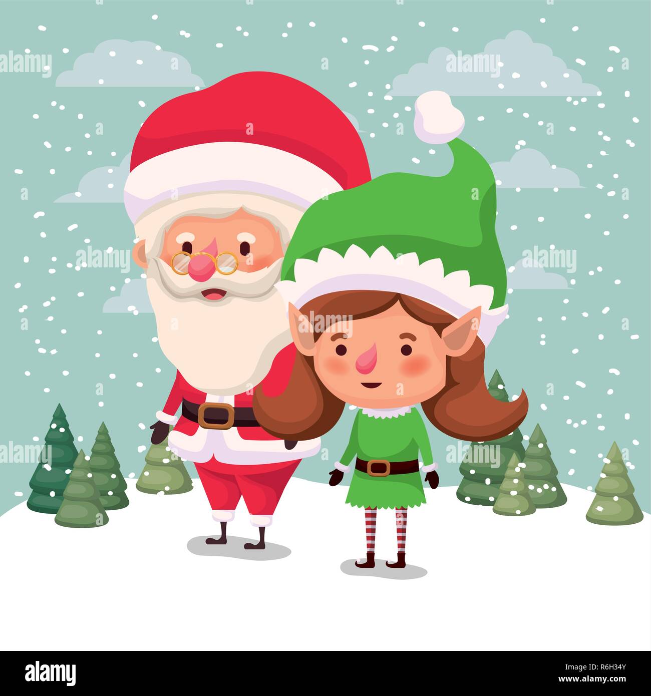 cute santa claus and girl helper in the snowscape Stock Vector Image & Art  - Alamy