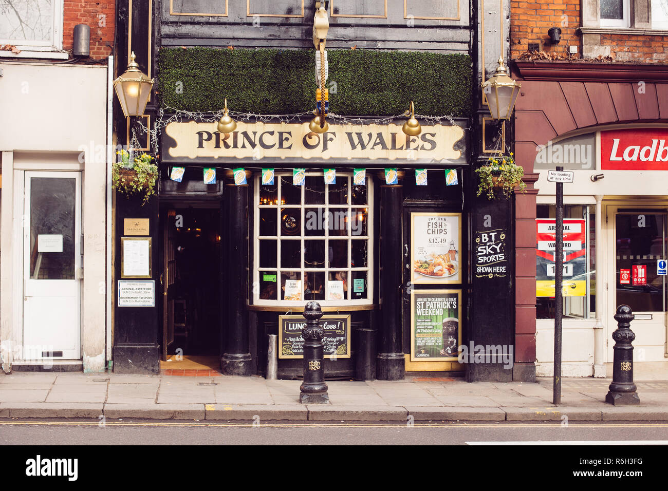 London, UK / March 11 2018: The Prince of Wales Pub on Kensington Church Street in Kensington, London, England, designated the A4204, and traditionall Stock Photo
