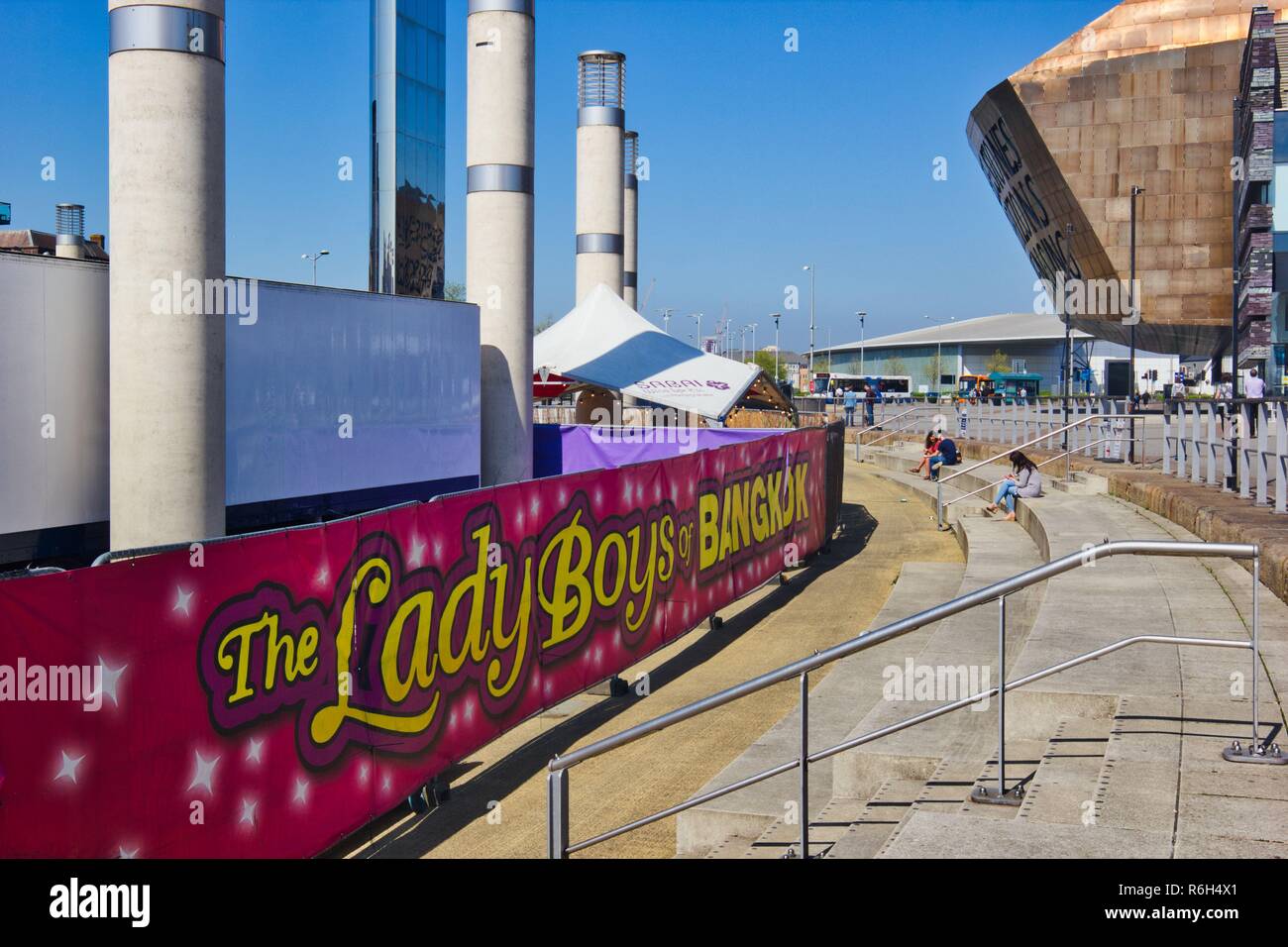 Banner for the The Lady Boys of Bangkok shows at Wales Millennium Centre, Cardiff Bay, Cardiff, Wales, United Kingdom Stock Photo