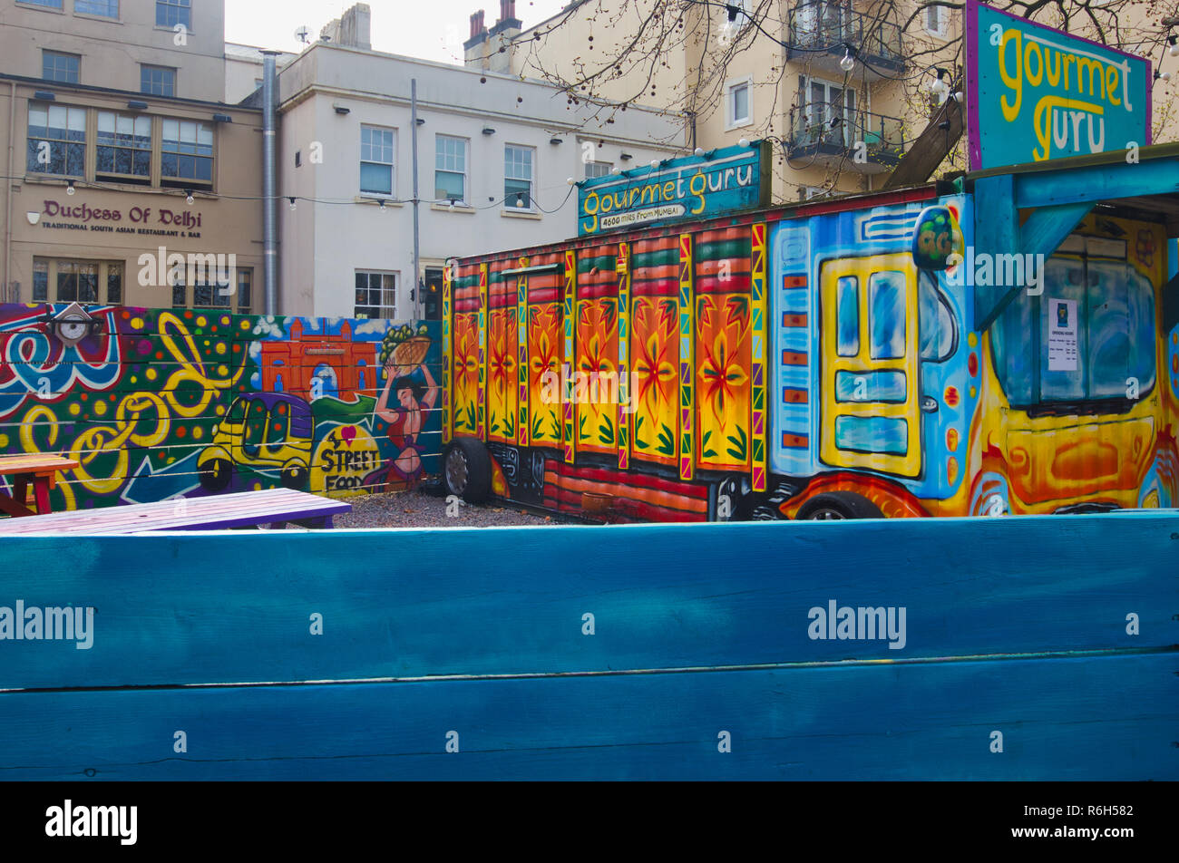 Gourmet Guru Indian street food colourful truck, Cardiff Bay, Cardiff, Wales, Stock Photo