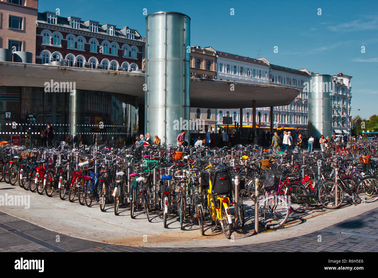 Bicycle parking facilities outside Norreport Station, Indre By, Copenhagen, Denmark, Scandinavia Stock Photo