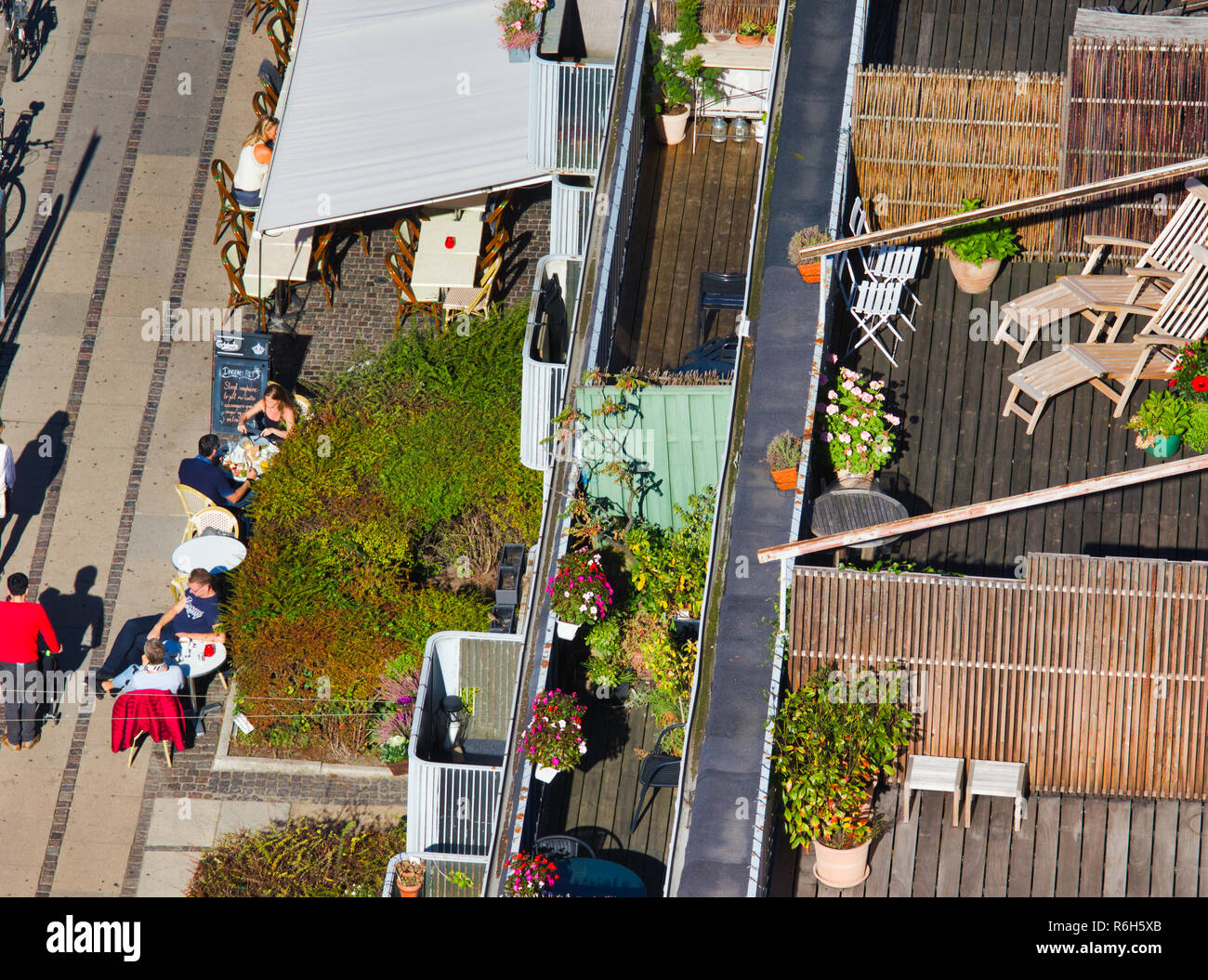 High angle shot of terraces and pavement café tables and chairs, Copenhagen, Denmark, Scandinavia Stock Photo