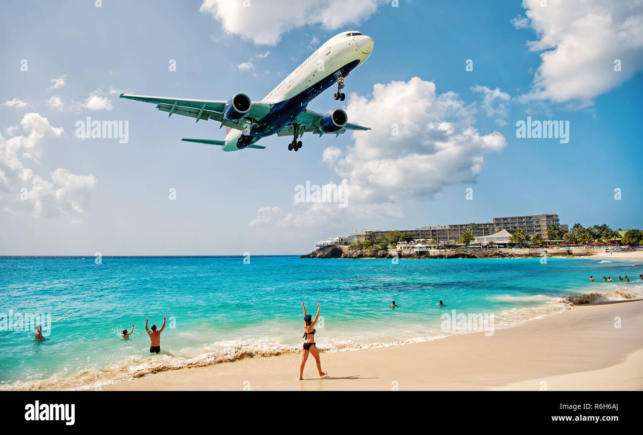 St Maarten, Netherlands February 13, 2016 beach observe low flying airplanes landing near