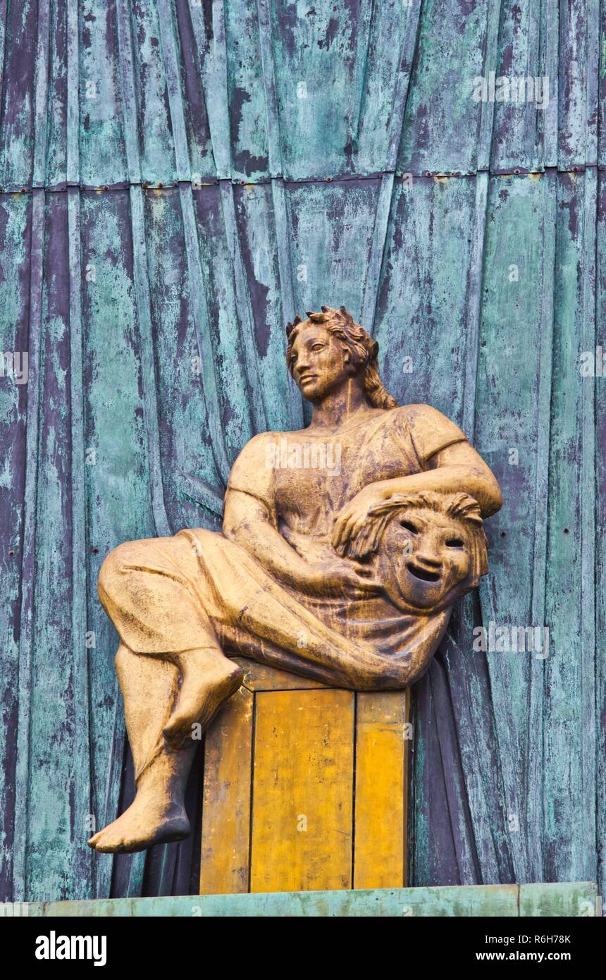 Facade relief bronze of figure representing the Muse of Tragedy, Staerekassen, Royal Danish Theatre, Copenhagen, Denmark, Scandinavia Stock Photo