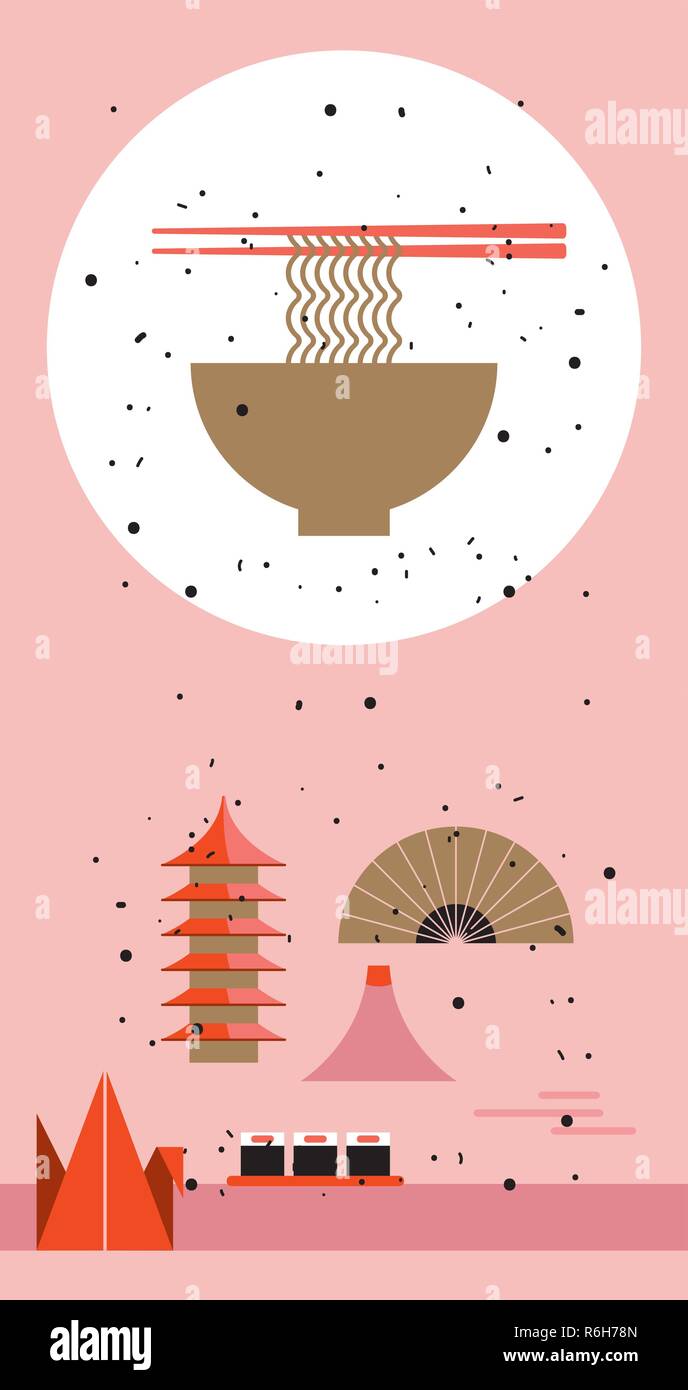 Japan Travel poster Japanese cuisine design elements Bowl of noodles Vector illustration Stock Vector