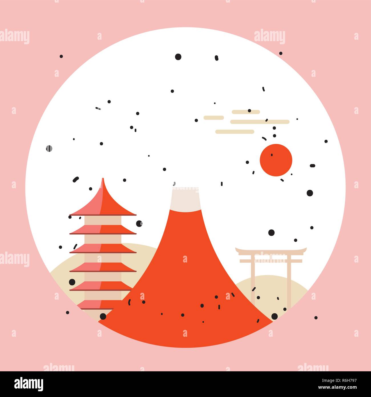 Japan travel background Pagoda Torii Mountain Fuji Beautiful landmarks in Winter time Vector illustration Stock Vector