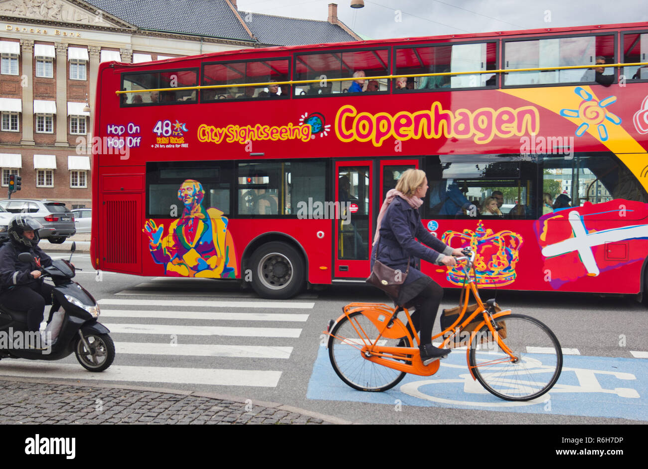 Hop on hop off city sightseeing double decker bus, Copenhagen, Denmark, Scandinavia Stock Photo