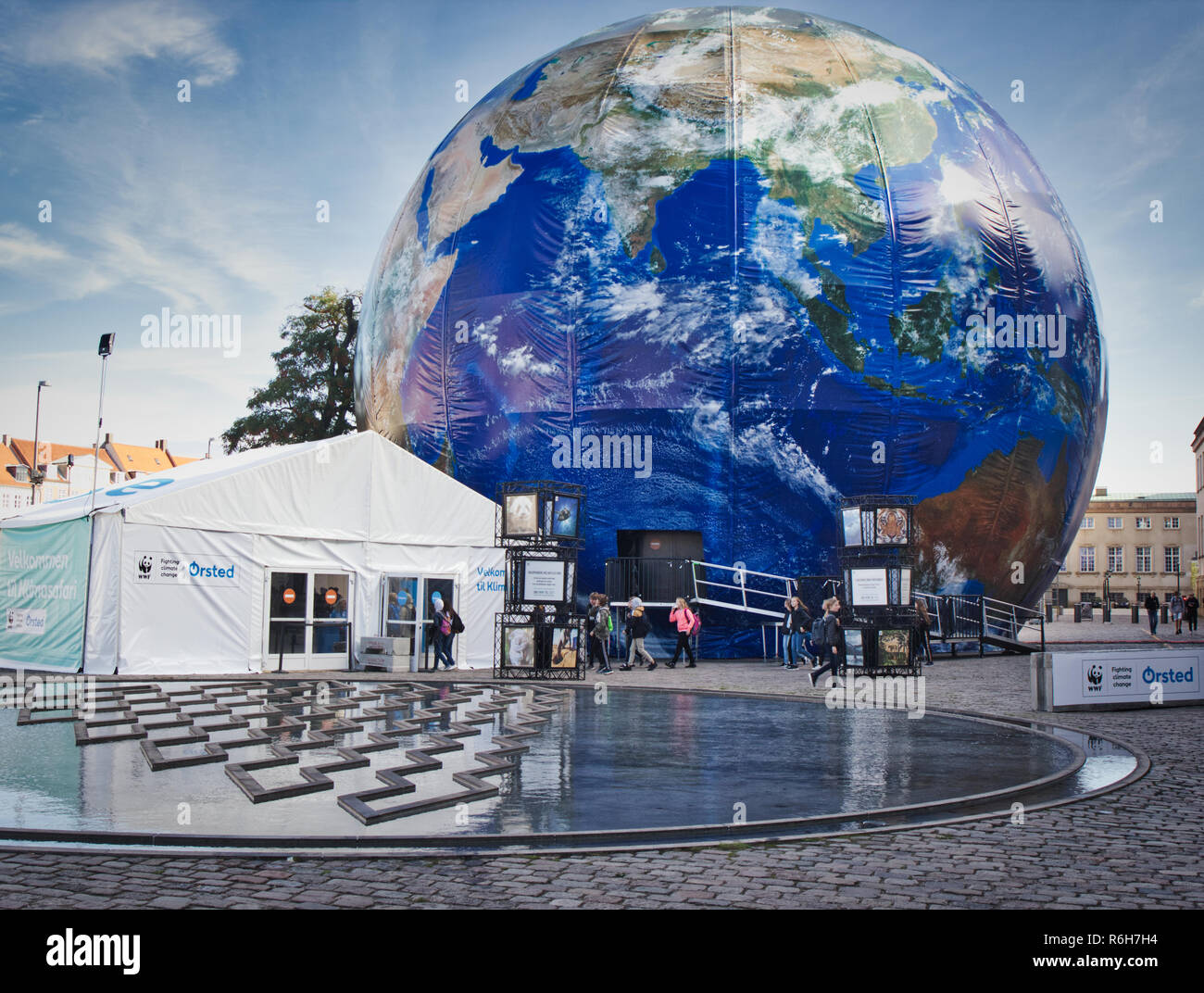 WWF Climate change exhibition inside giant inflatable globe, Thorvaldsens Plads, Copenhagen, Denmark. Stock Photo