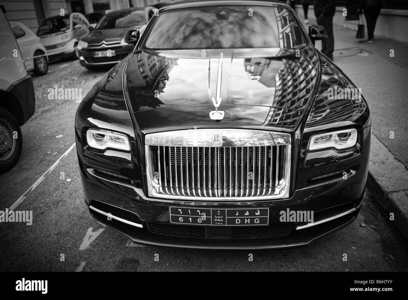 Paris, France - September 26, 23, 2017: luxury Supercar rolls royce rolls-royce ghost color parked on the street in Paris. rolls royce rolls-royce is famous expensive automobile brand car Stock Photo