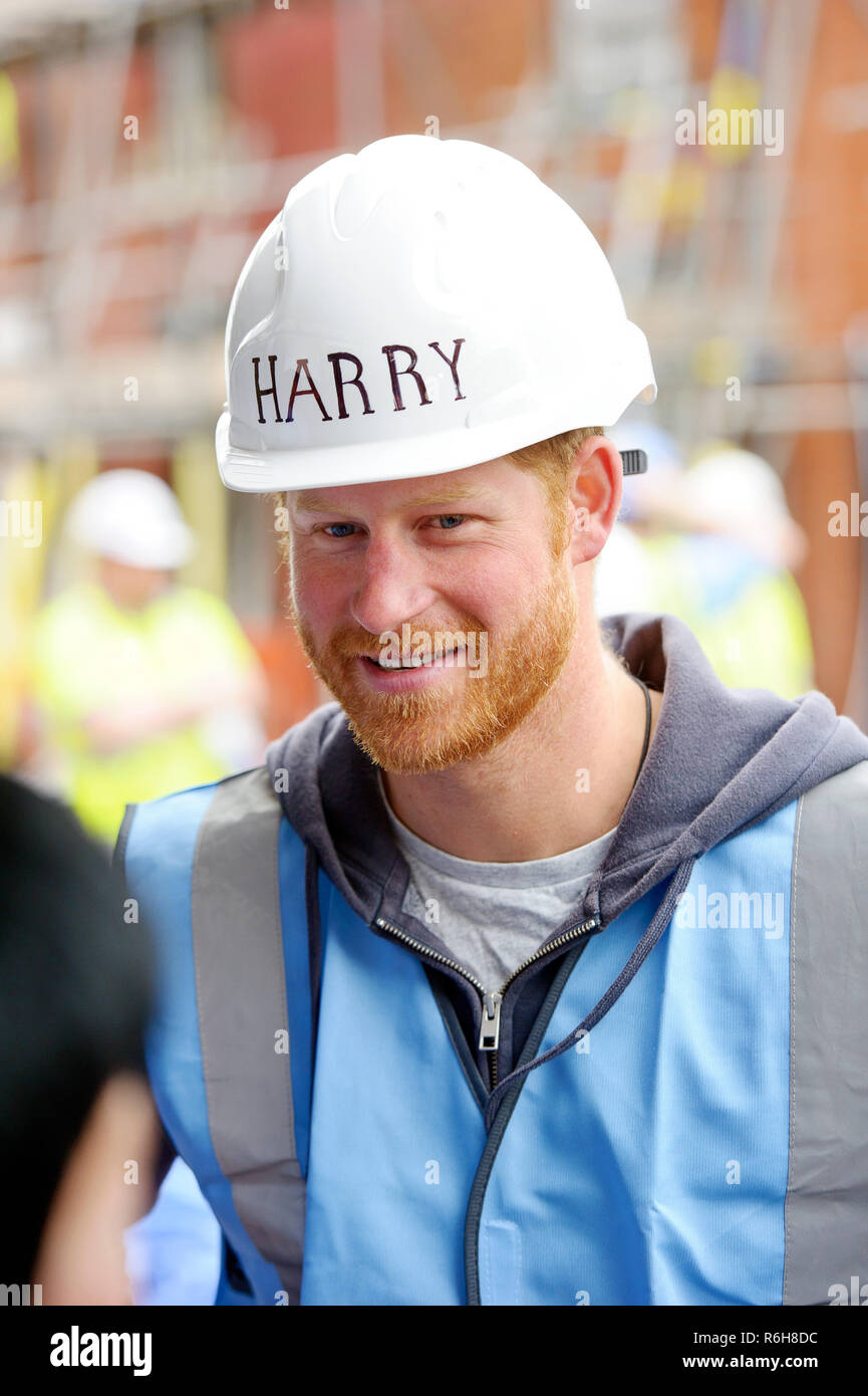 Prince Harry, Duke of Sussex, pictured meeting tradesmen on the BBC's DIY SOS project in Manchester. Stock Photo