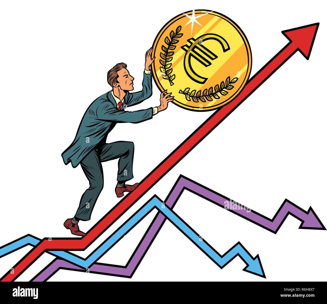 businessman roll a euro coin up. isolate on white background. Pop art retro vector illustration vintage kitsch Stock Vector