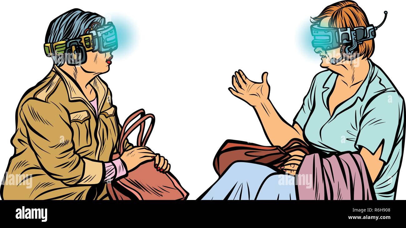 Older women in virtual reality, VR glasses. Pop art retro vector illustration vintage kitsch Stock Vector