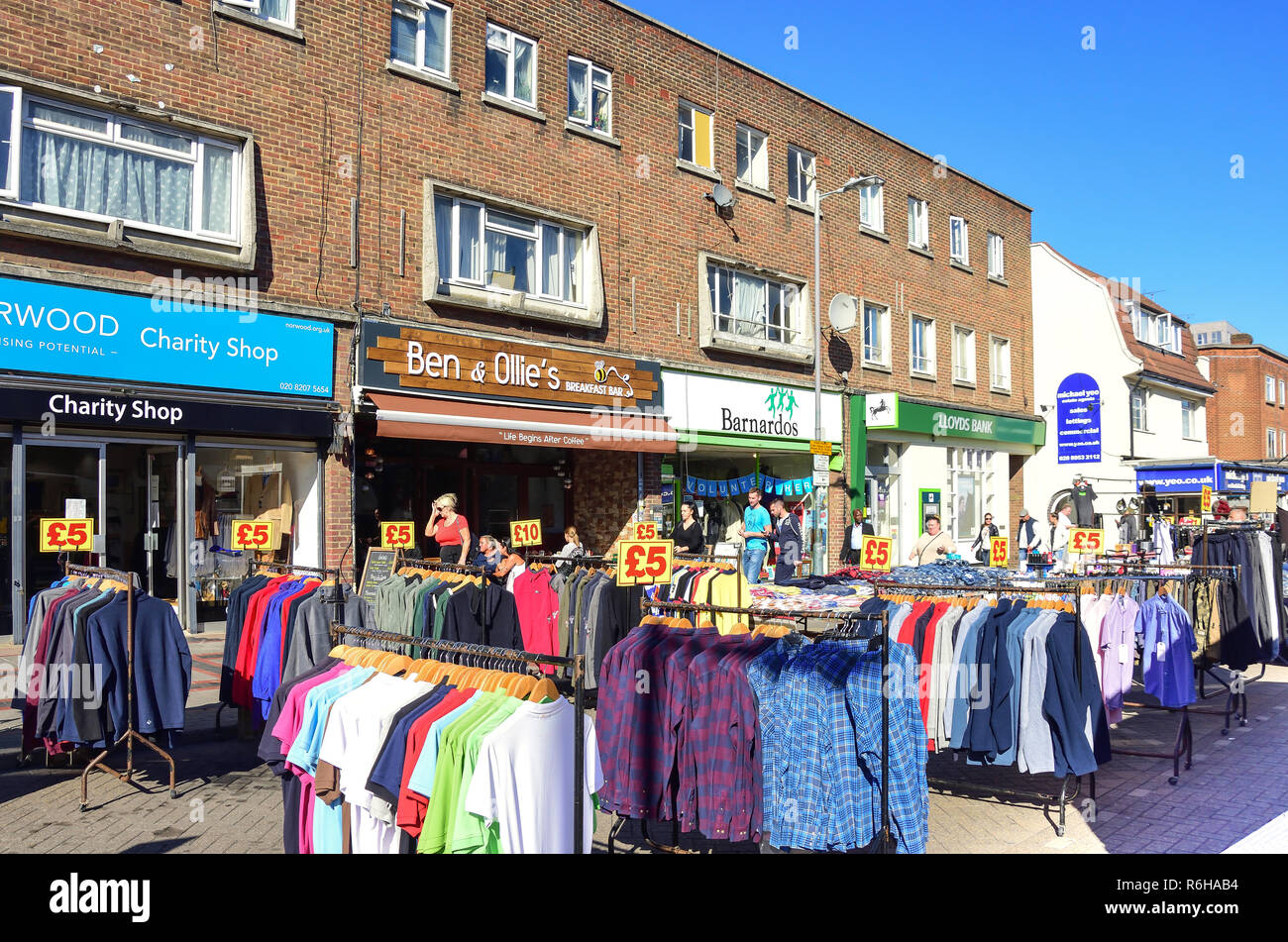 Street clothing stall, Shenley Road, Borehamwood, Hertfordshire, England, United Kingdom Stock Photo