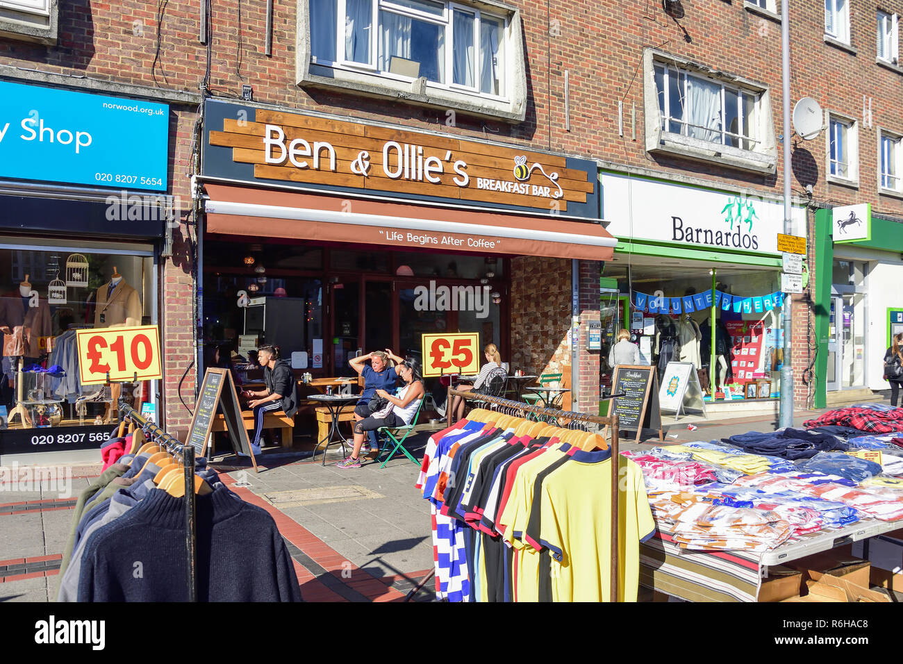 Street clothing stall, Shenley Road, Borehamwood, Hertfordshire, England, United Kingdom Stock Photo