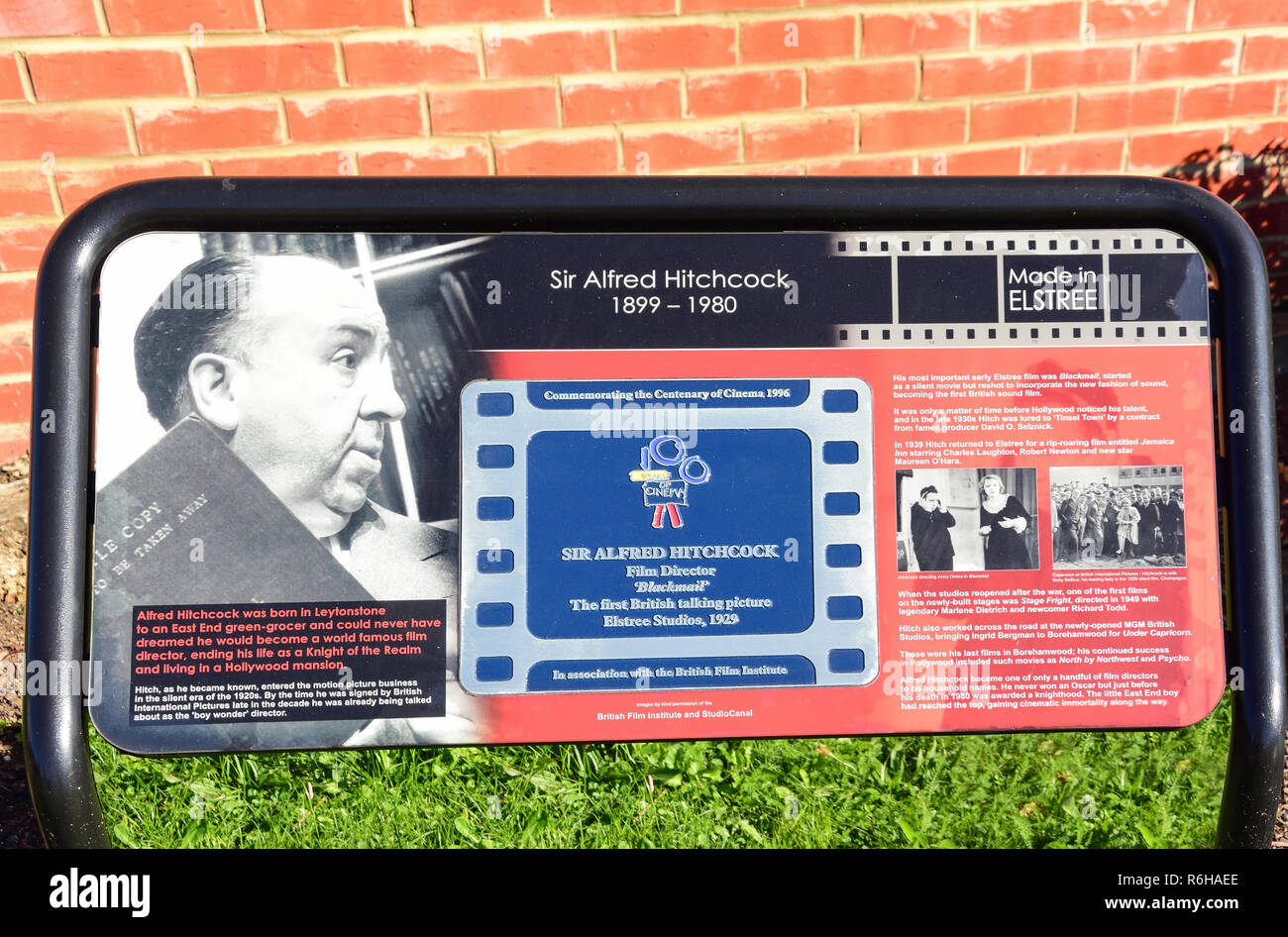 Sir Alfred Hitchcock tribute plaque outside Elstree Studios, Shenley Road, Borehamwood, Hertfordshire, England, United Kingdom Stock Photo