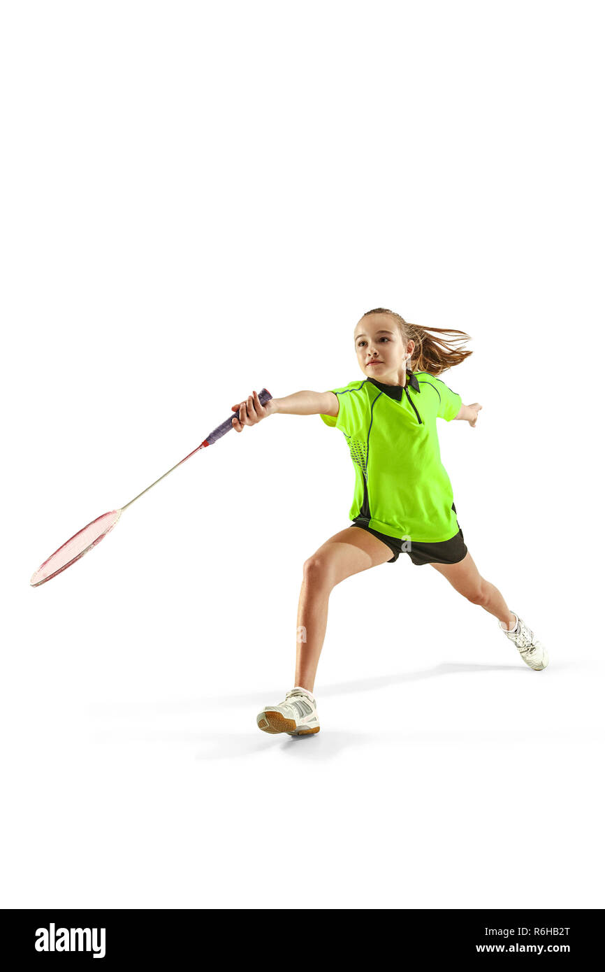 The one caucasian young teenager girl playing badminton at studio. The ...