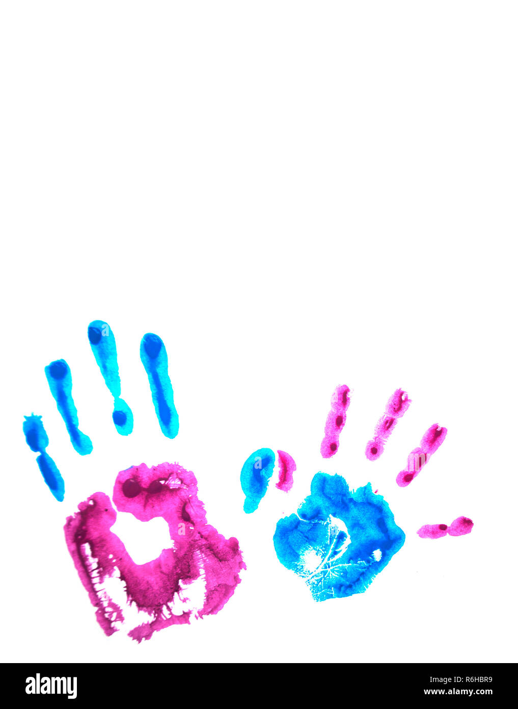 Pink and blue child's handprints isolated on white. Stock Photo
