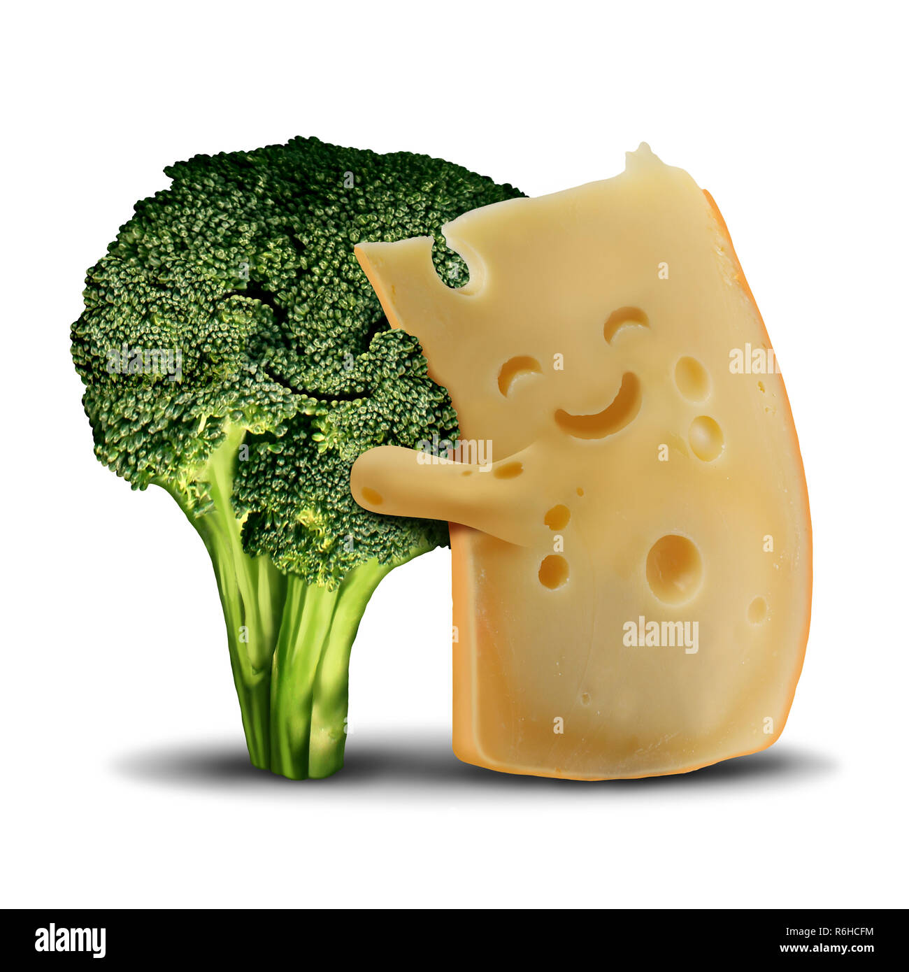 Funny broccoli and fun cheese food concept as cute smiling happy snack ingredients and with a healthy green vegetable character. Stock Photo