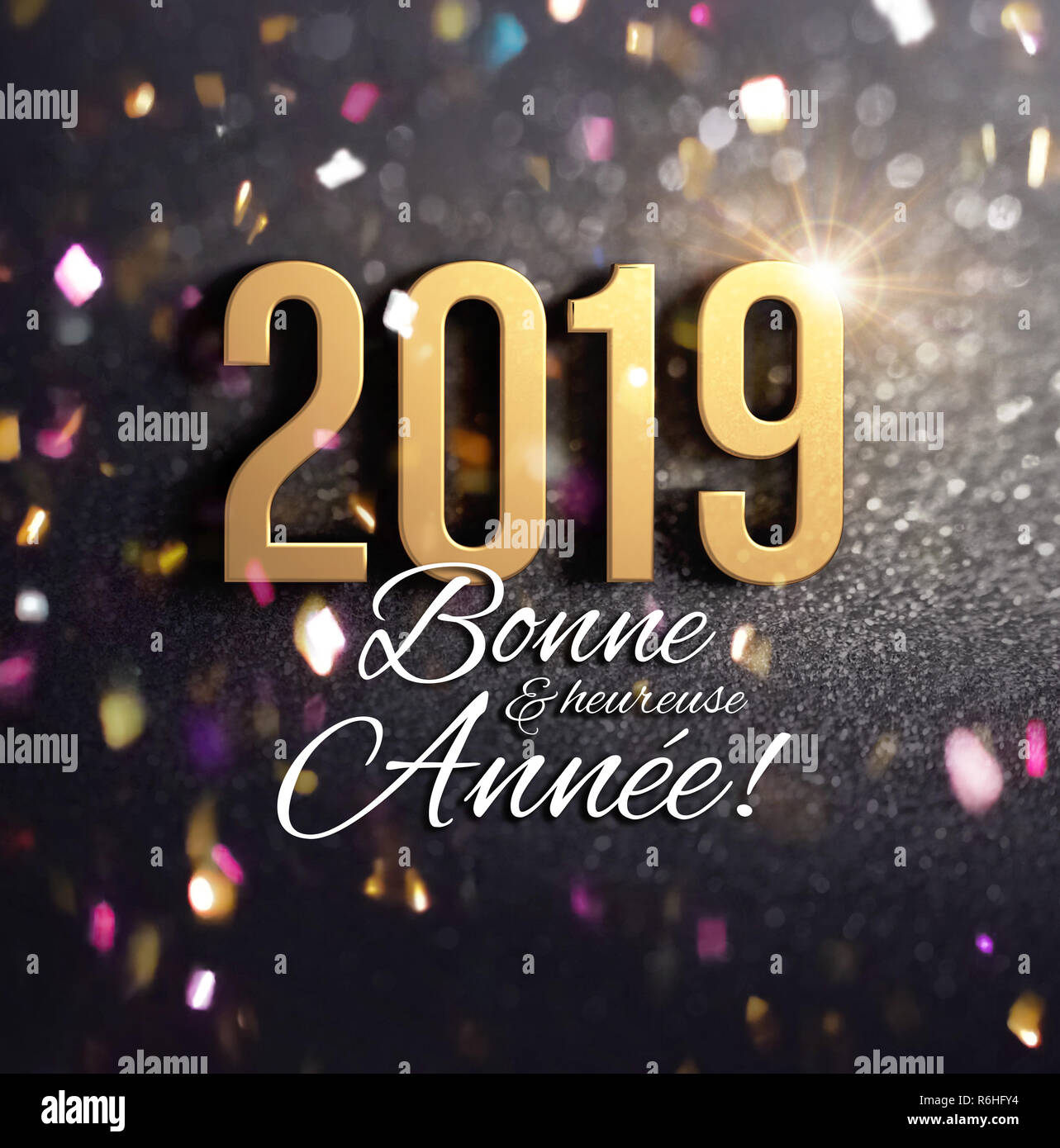 Happy New Year 2019 date number colored in gold, greetings in French language, on a festive black background with glitters and confetti - 3D illustrat Stock Photo