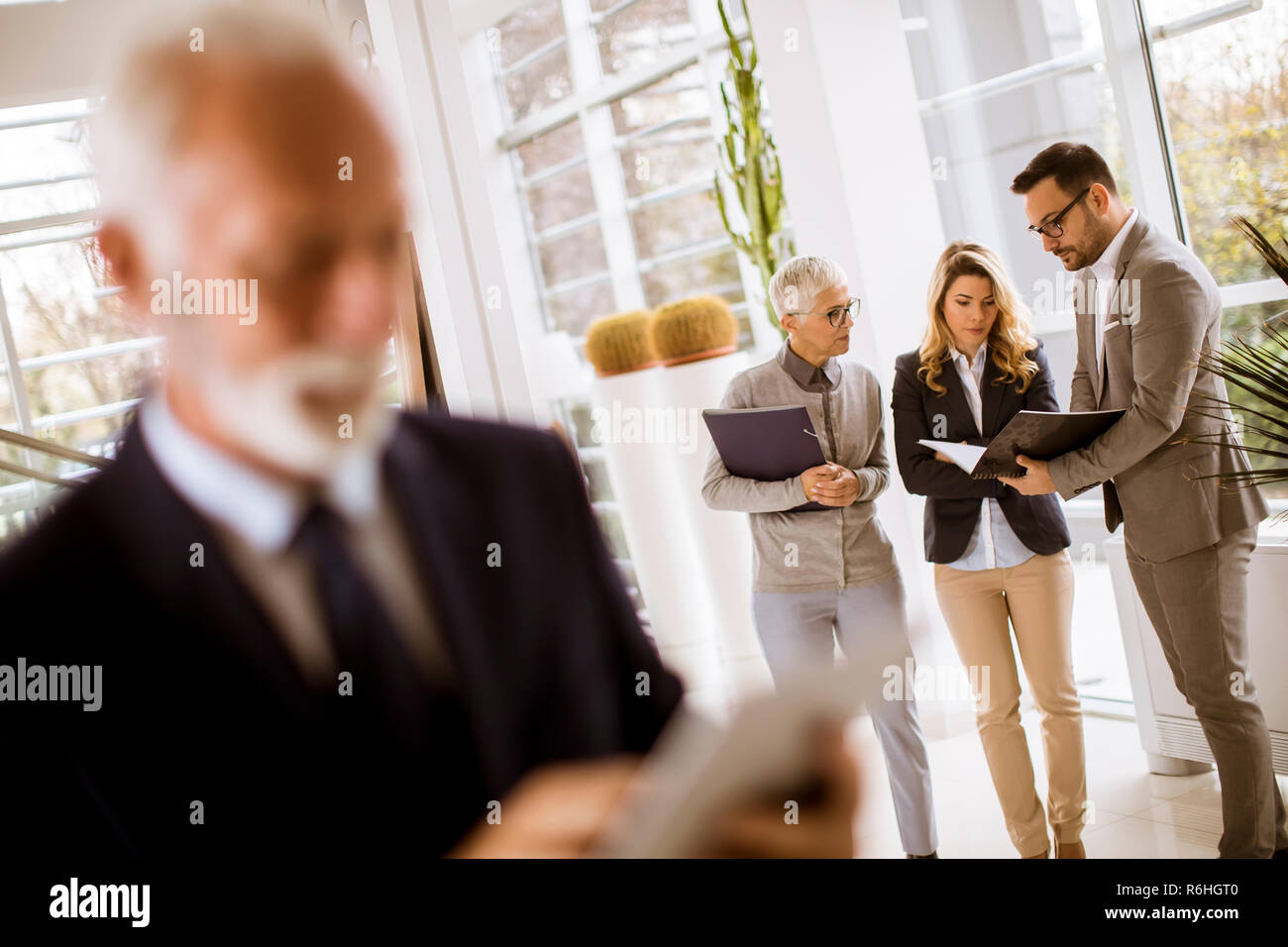 Portrait of group smiling business people standing in office Stock ...