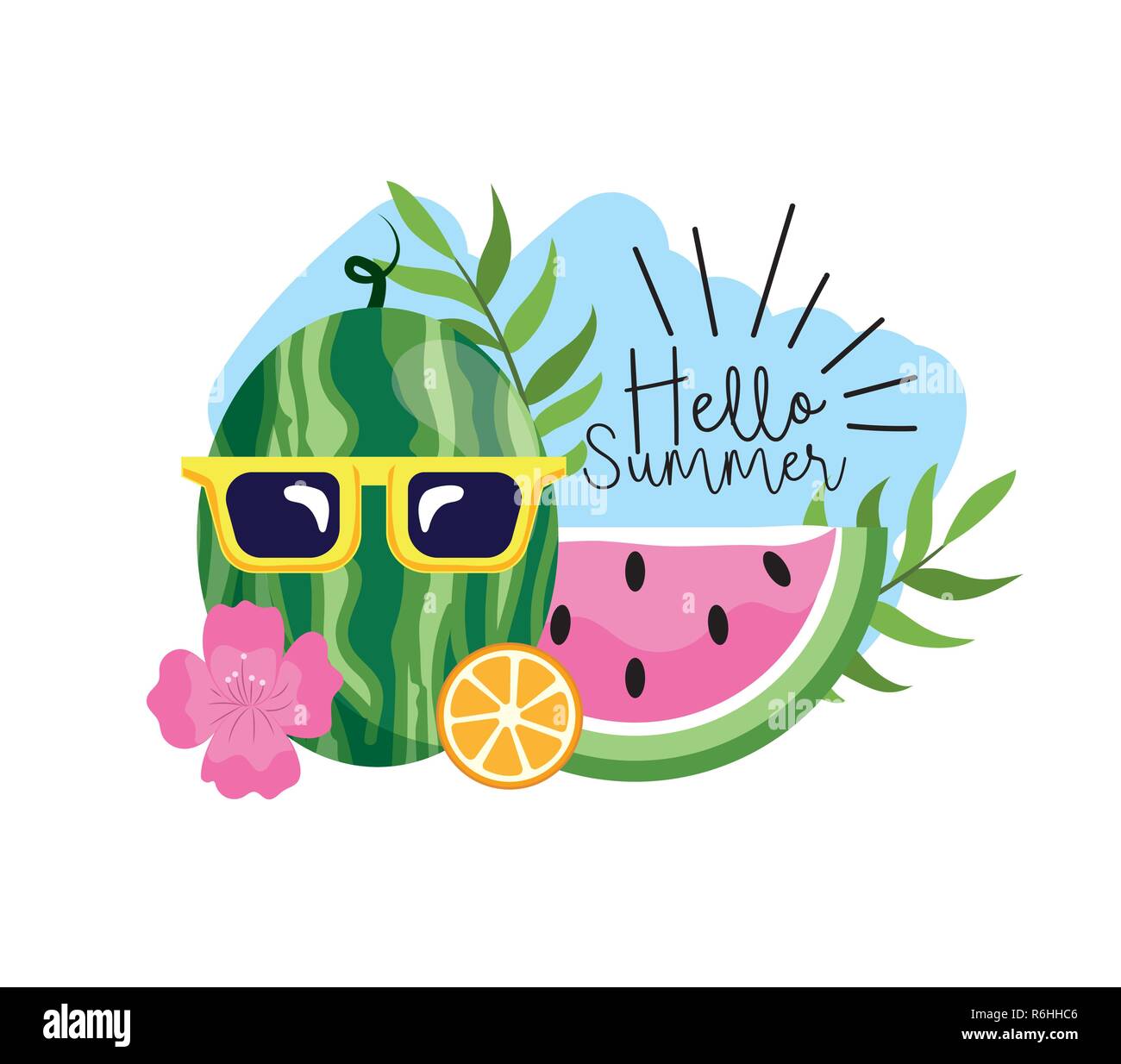 watermelon wearing sunglasses with tropical flowers and leaves Stock ...