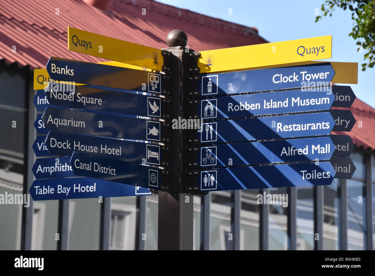 2018-09-13 Cape Town, South Africa: signposts at Victoria and Albert Waterfront Stock Photo