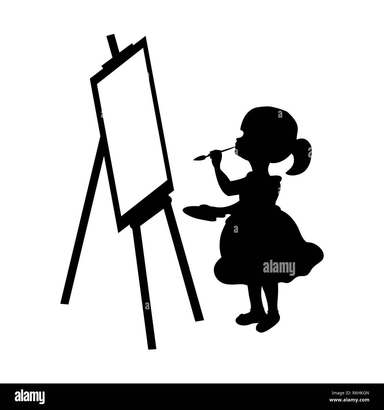 Silhouette girl artist paints on canvas Stock Photo