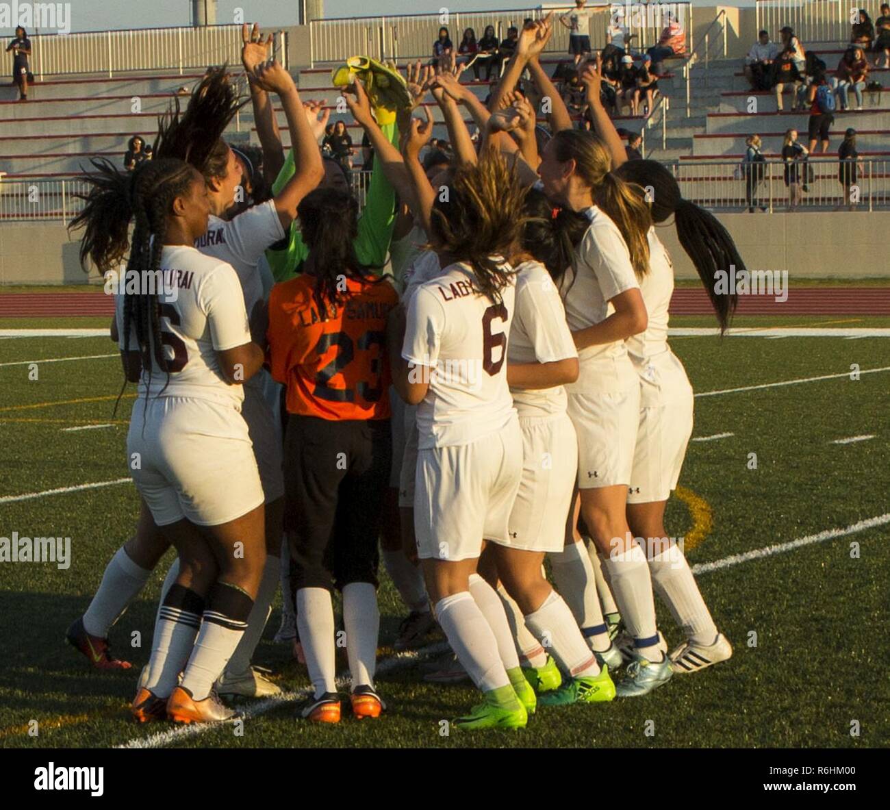 The Matthew C Perry S Lady Samurai Soccer Team Gather Around And Jump In Excitement After Winning The 17 Girls Division Ii Soccer Tournament At Marine Corps Air Station Iwakuni Japan May 18