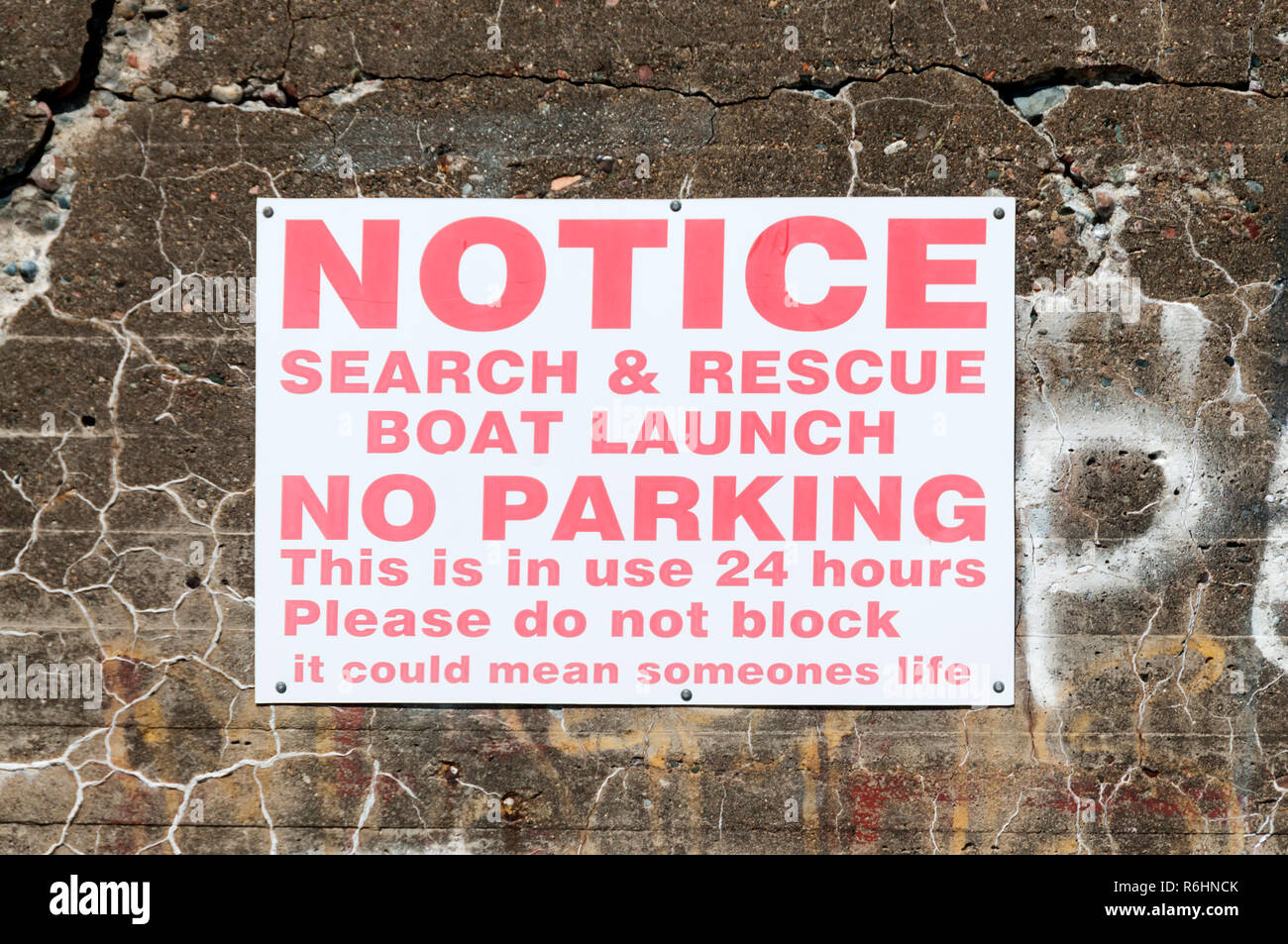 No Parking sign at Search & Rescue Boat Launch. Stock Photo