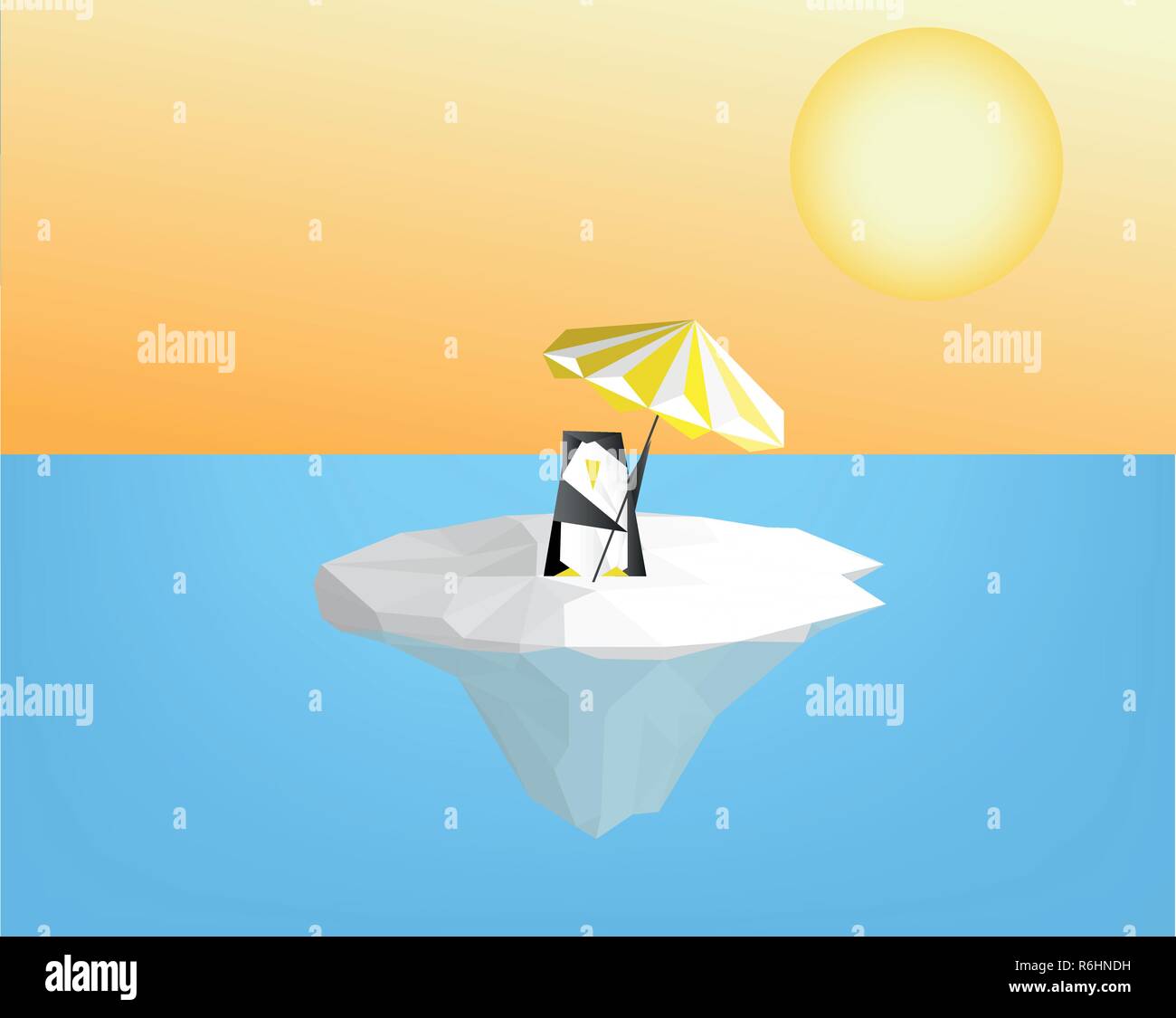 penguin with umbrella on ice floe  - global warming concept vector graphic  illustration Stock Photo