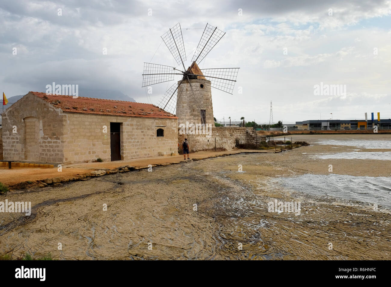 Trapani, Sicily, Italy - Old windmill and saltwork Stock Photo