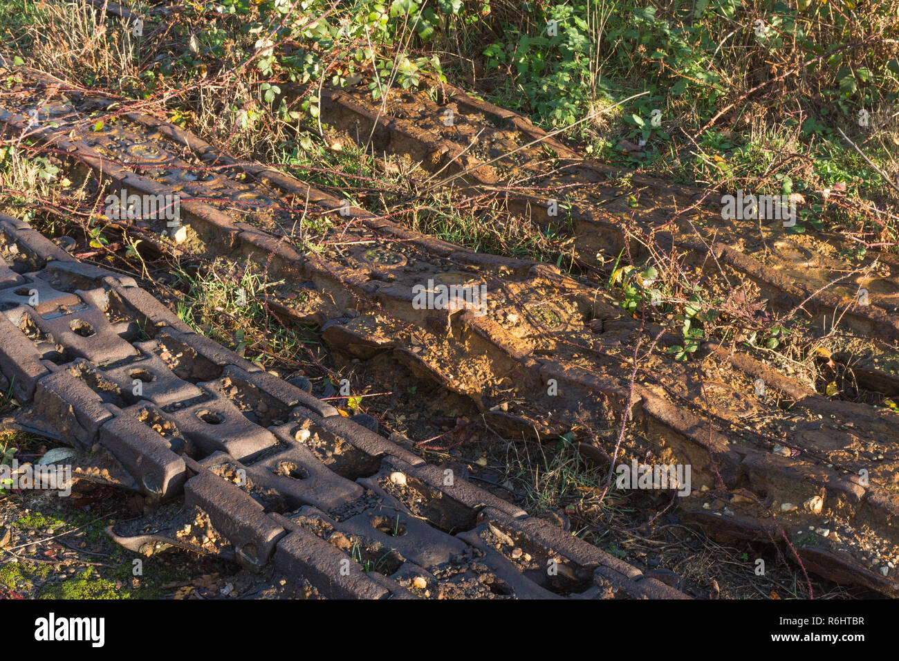 Rusty old tank tracks on Hazeley Heath in Hampshire, UK, the remains from army tank testing operations that pre-date world war 2 Stock Photo