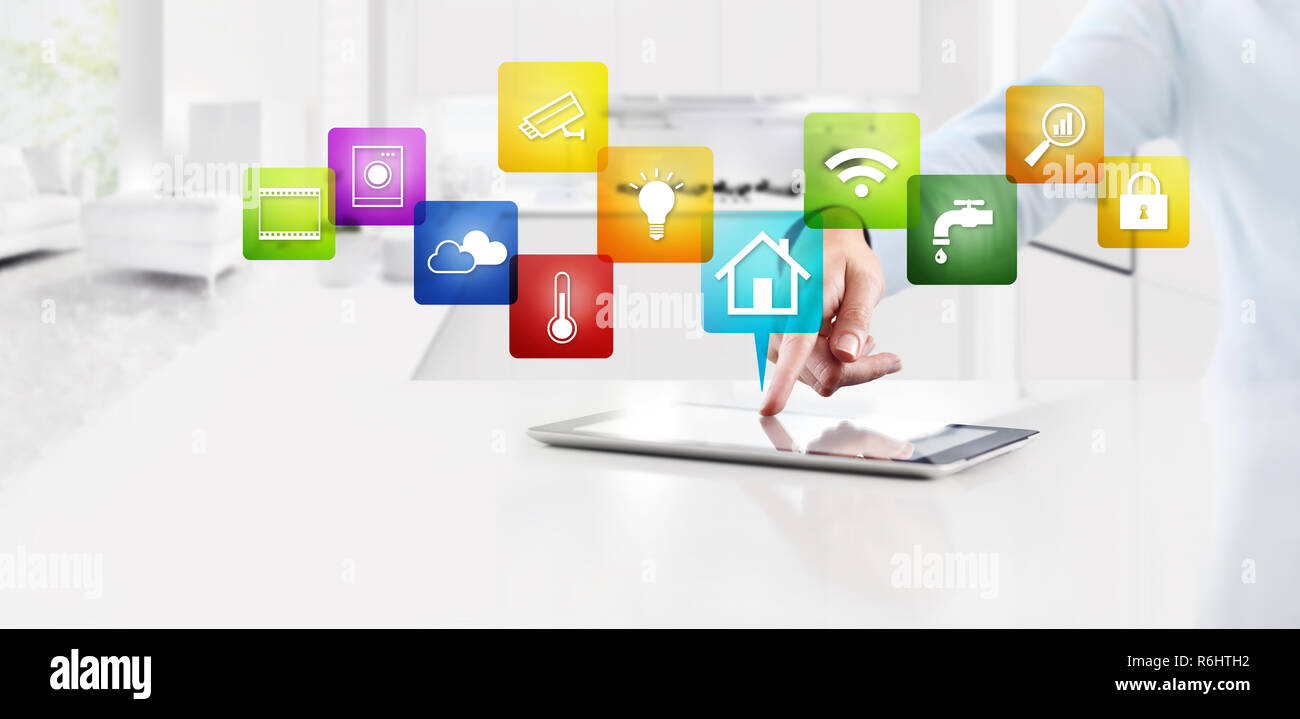 smart home automation control concept hand touch digital tablet screen ...