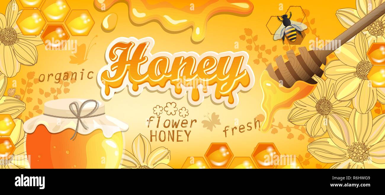Natural floral honey banner with honeycombs, flowers, heather, bee and full glass jar. Flowing honey on colorful background. Template for brand, logo, advertise, label, packaging. Vector illustration. Stock Vector