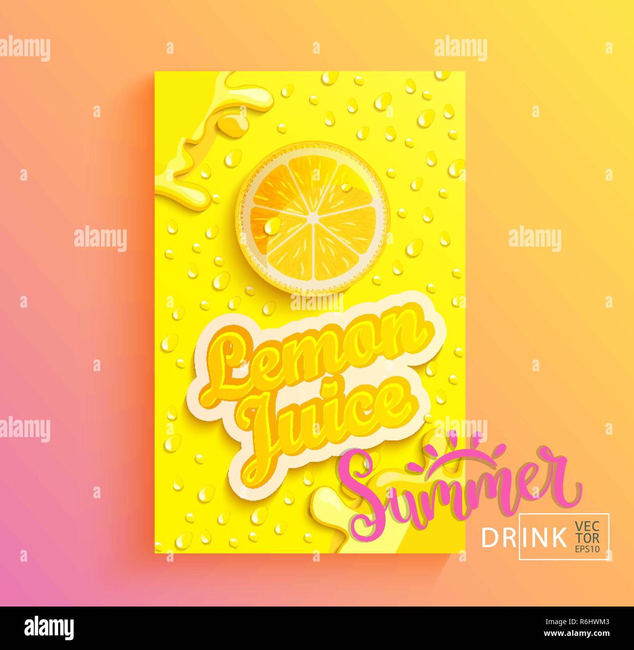 Fresh lemon juice banner with drops from condensation, splashing and fruit slice on gradient hot summer background for brand,logo, template,label,emblem,store,packaging,advertising.Vector illustration Stock Vector