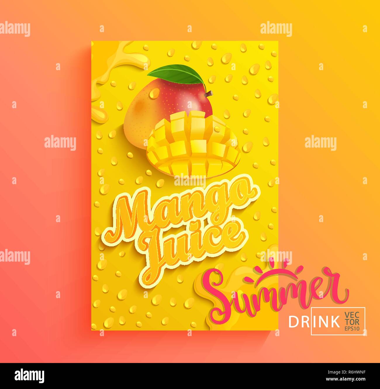 Fresh mango juice banner with drops from condensation, splashing and fruit slice on gradient hot summer background for brand,logo, template,label,emblem,store,packaging,advertising.Vector illustration Stock Vector