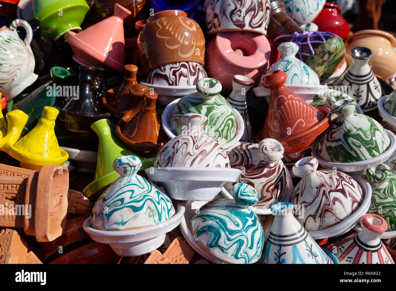 Morocco souvenirs - small pottery tagines for sale as gifts and souvenirs, Marrakesh souk, the medina, Marrakech Morocco North Africa Stock Photo
