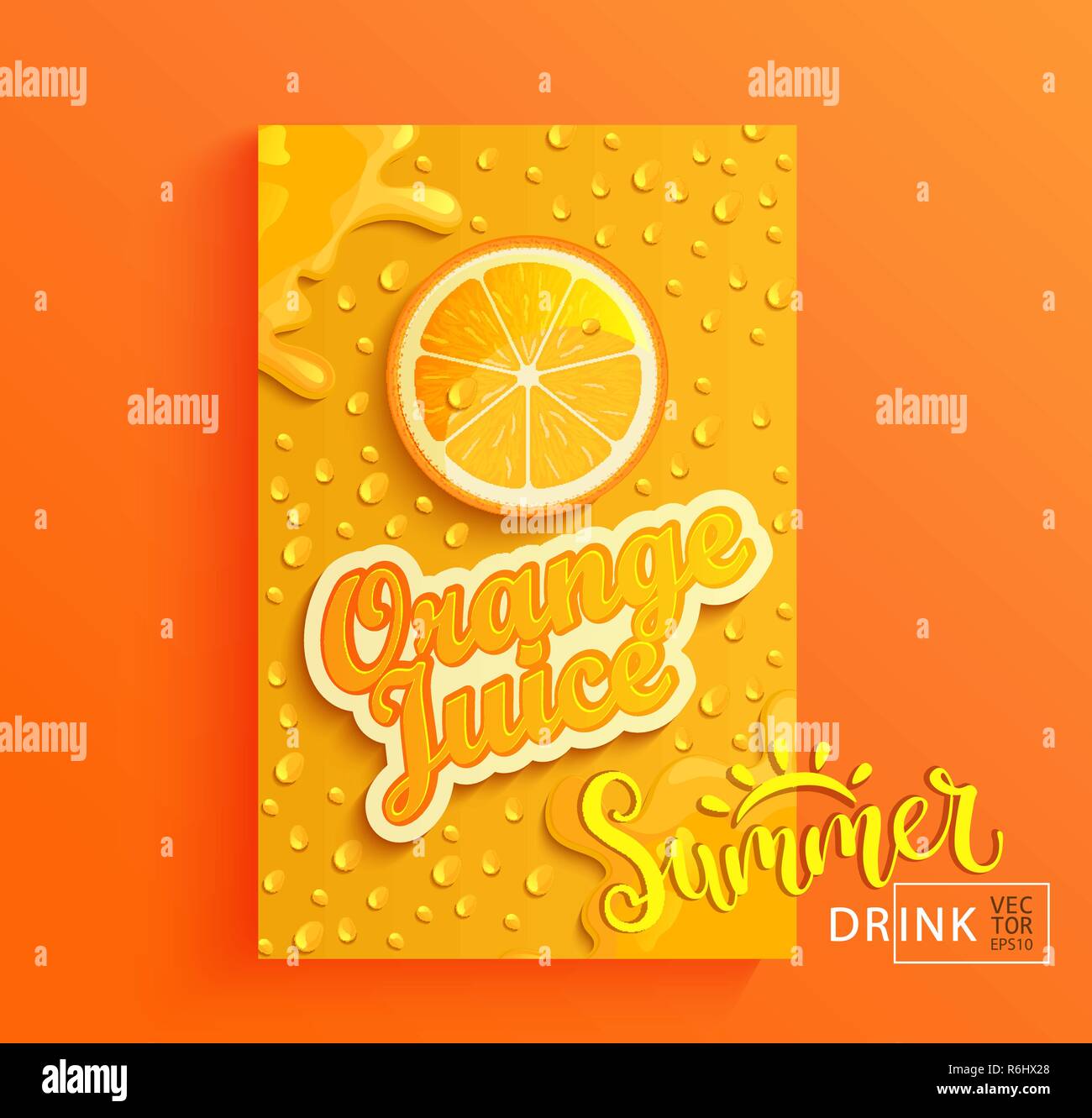 Fresh orange juice banner with drops from condensation, splashing and fruit slice on gradient hot summer background for brand,logo, template,label,emblem,store,packaging,advertise.Vector illustration Stock Vector