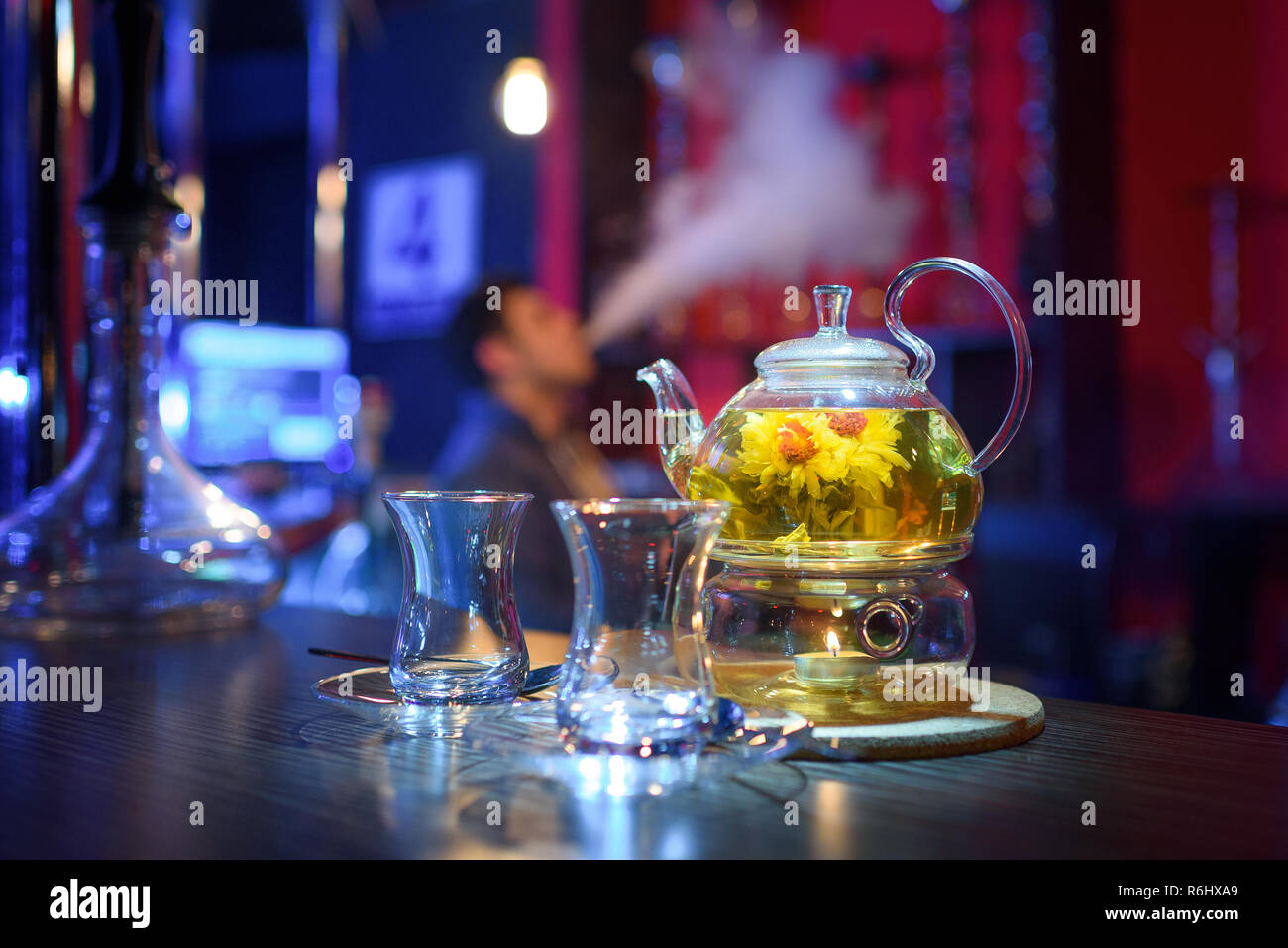 flower tea and two cups on the table Stock Photo