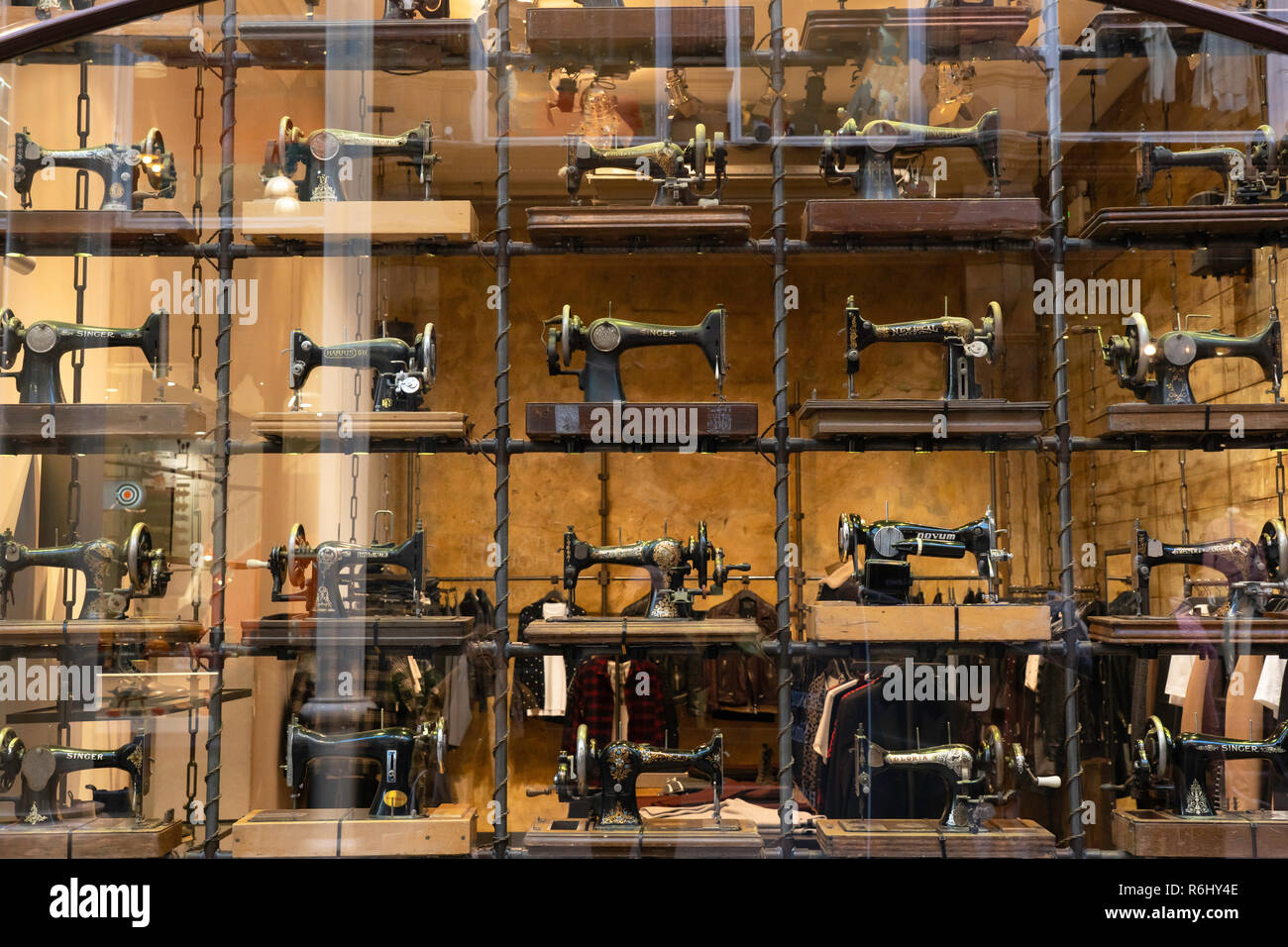 Old Sewing Machines in a fashion shop window in Victoria Centre