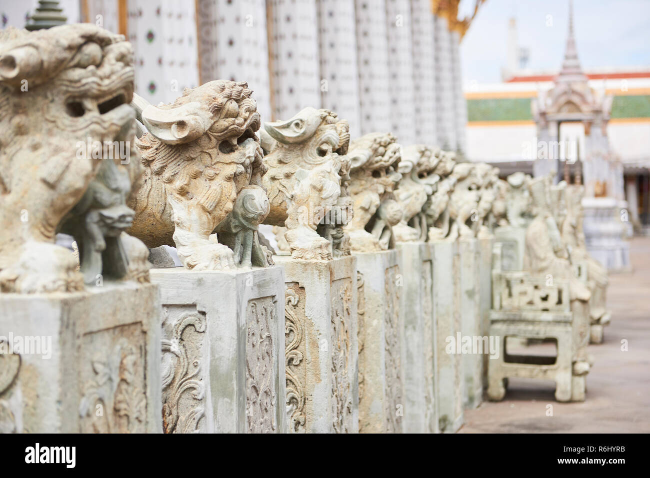 Foo dog statues lined up in a diminishing perspective in the Ordination