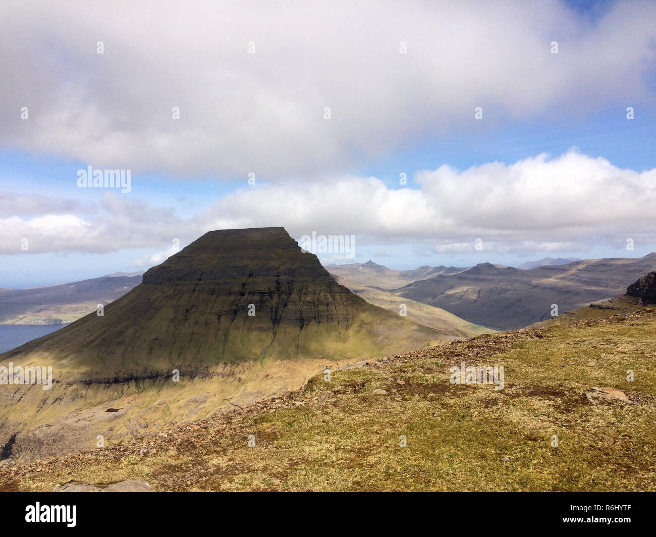 Iconic shape of Skaelingur mountain on the main island of Streymoy on the Faroe Island Stock Photo