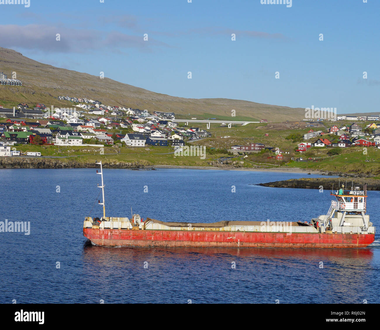 Large shop leaving Torshavn Harbour, the capital of the Faroe Islands Stock Photo