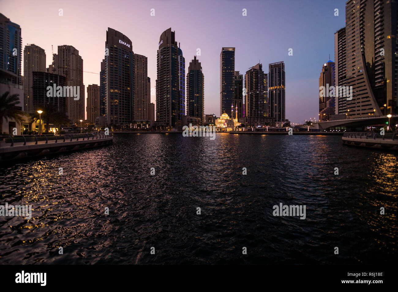 Skycrapers at Dubai Marina February 2017, Dubai marina at night night cityscape lights Stock Photo