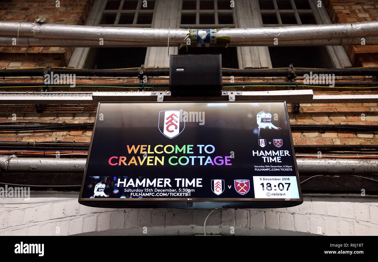 General view of the television in the concourse before the Premier League match at Craven Cottage, London. Stock Photo