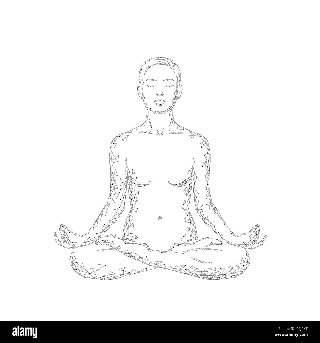 Yoga practice woman in lotus position low poly silhouette. Polygonal yoga relaxation exercise wellness class. White gray monochrome color. Buddhism esoteric Kundalini energy vector illustration Stock Vector