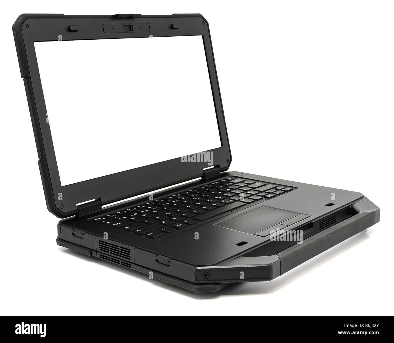 Fully Rugged Laptop with blank screen, isolated on a white. Stock Photo