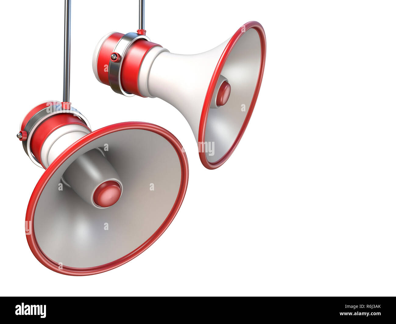 Two red and white megaphones 3D Stock Photo Alamy