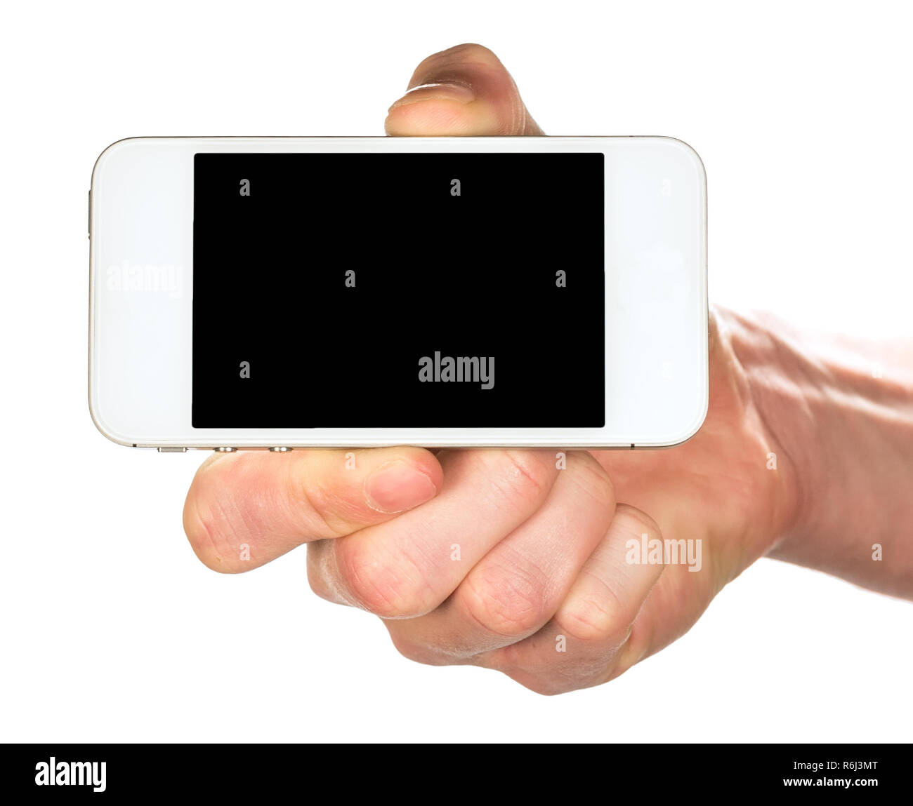 Hand holding a white smartphone with black screen isolated on white ...
