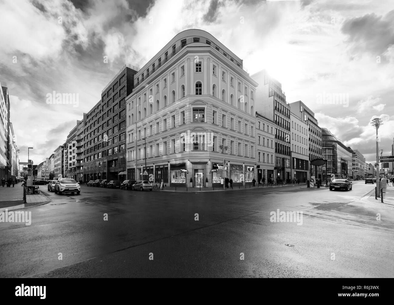 Crossroads shopping streets in Berlin. Germany, Europe. Black and white foto. Stock Photo